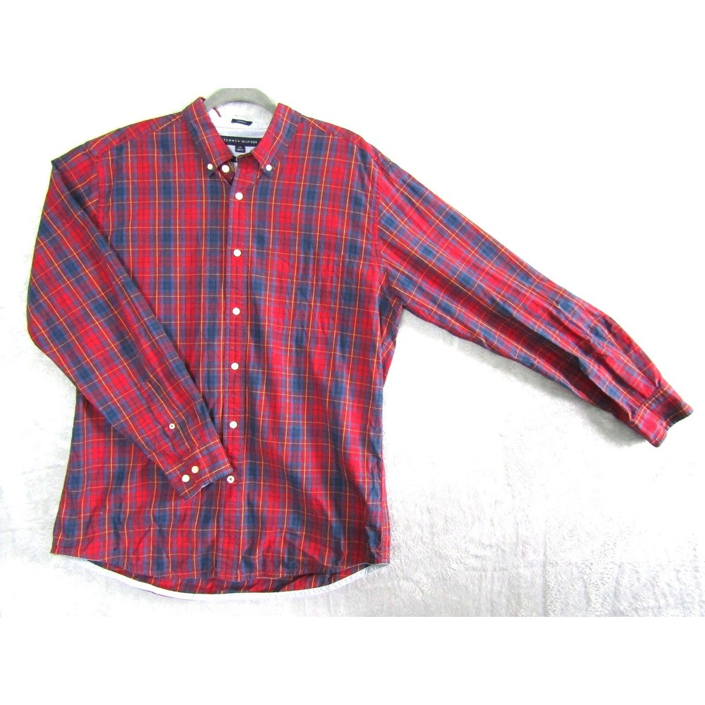 Tommy Hilfiger Men Classic Fit Plaid Button Down Shirt Red Blue L‎ G
